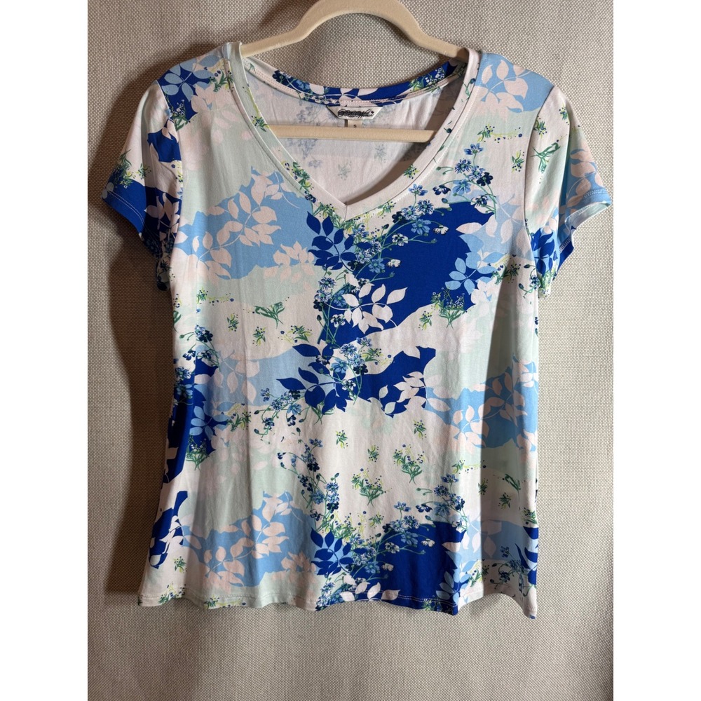 Premiere Woman Womens Small Blue Floral V Neck Stretch Rayon Short Sleeve Top